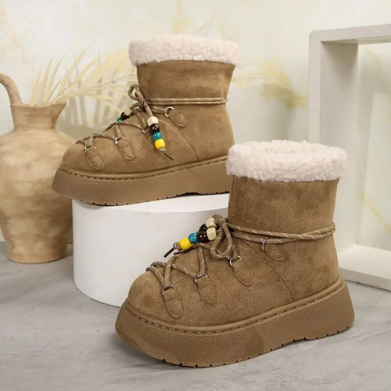 Chunky Platform Non Slip Furry Snow Boots Women 2025 Winter Soft Thick Bottom Warm Plush Ankle Boots Colorful Bead Lace Up Shoes