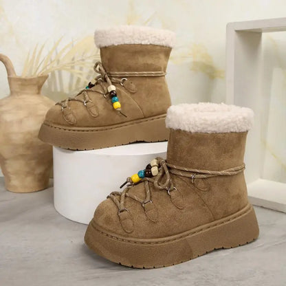 Chunky Platform Non Slip Furry Snow Boots Women 2025 Winter Soft Thick Bottom Warm Plush Ankle Boots Colorful Bead Lace Up Shoes