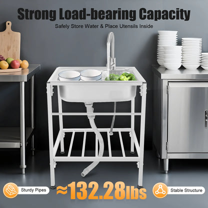 Edelstahl-Waschbecken mit Korb, einzelne Schüssel, kommerzielles Waschbecken, freistehendes Kalt- und Warmwasserhahn-Waschbecken für Küchen, Waschräume, Bars