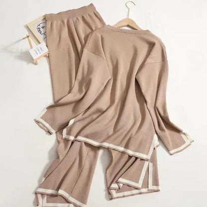 Elegant Suit Long-sleeved Side Slit Pullover Sweater Wide-leg Pants 2-piece Set Women's Autumn Solid Color Casual Sweatshirt.