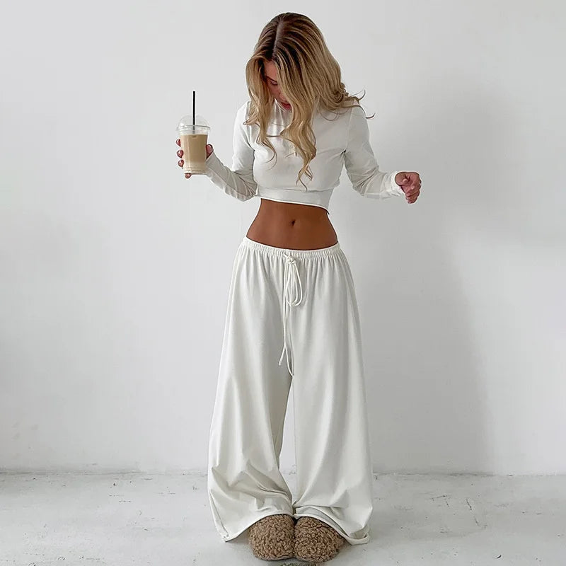 Blifanbo Casual Long Sleeve Crop Top Loose Long Pants 2 Pieces Set Women Autumn Slim Fashion Top And Long Pant Set Streetwear.