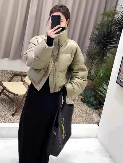 Winter Warme Dicke Parkas Frauen Neue Mode Lose Ernte Jacke Weibliche Schwarz Baumwolle Gepolsterte PU Leder Elegante Zipper Mantel Y2K Tops