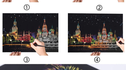 4PCS Scratch Art Paper World Landmarks Animals Painting Toy with Stylus Stress Relief Drawing Kids Adult Gift Glow in Dark Craft.