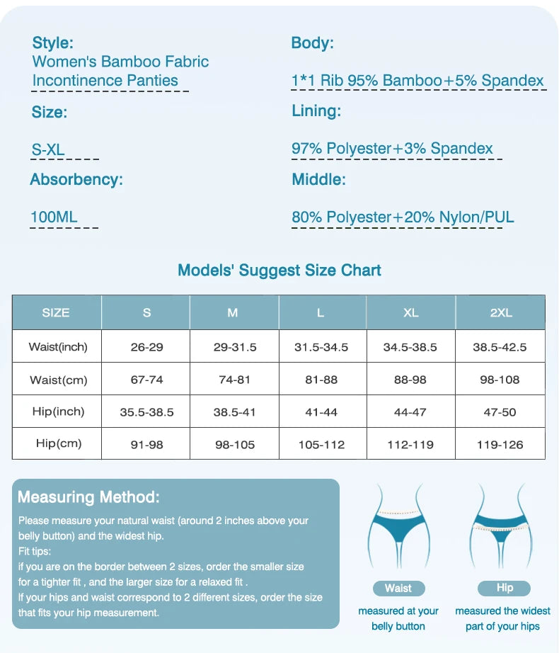 Women Incontinence Underwear Bamboo Fibre High Absorbency Reusable Washable Leakproof Panties for Bladder Leakage.