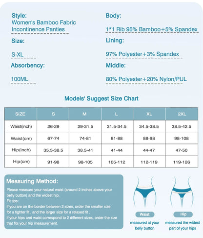 Women Incontinence Underwear Bamboo Fibre High Absorbency Reusable Washable Leakproof Panties for Bladder Leakage.
