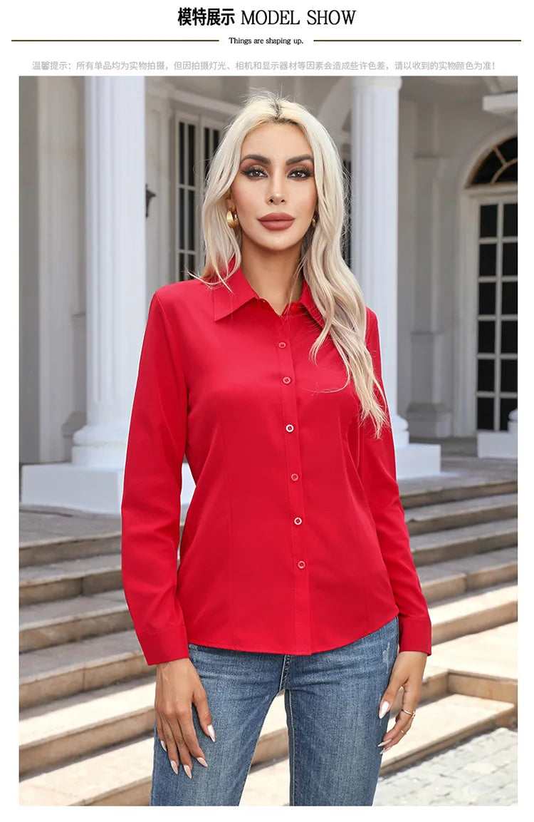 1pcs Woman Spring Autumn Solid color Shirts Lady Casual Long Sleeve Turn-down Collar Loose Shirt Female Fashion Temperament Tops.