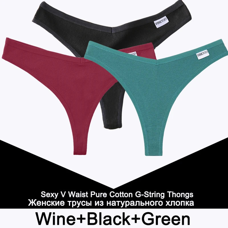 FINETOO 3PCS/Set G-string Panties Cotton Women's Underwear Sexy Panty Female Underpants Thong Solid Color Lingerie T-Back Design