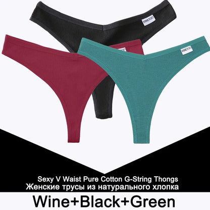 FINETOO 3PCS/Set G-string Panties Cotton Women's Underwear Sexy Panty Female Underpants Thong Solid Color Lingerie T-Back Design