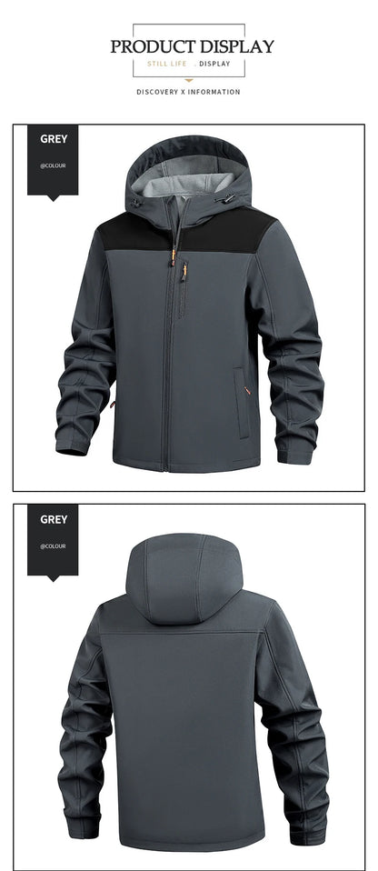 Jacket Coat Winter Soft Case Male Outdoor Sports Hooded Coat Multi-pocket Inside Fleece Casual Waterproof Windproof Sport Jacket.