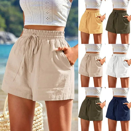 2025 Summer New Women's Shorts Loose Linen Casual Pockets Solid Color High Waist Wide Leg Pants.