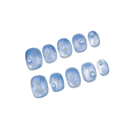 10pcs/set Handmade Press-On Nails - Blue Glossy Fish & Bubbles Design Short Oval Fake Nails with Cat Eye Effect False Nails.