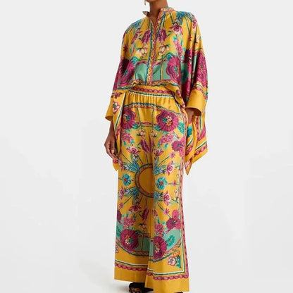 Retro Printed Loose Indie Folk Outfit Women Spring Stand Collar Button Irregular Top+Pant Set Fall Batwing Long Sleeve 2pcs Suit.