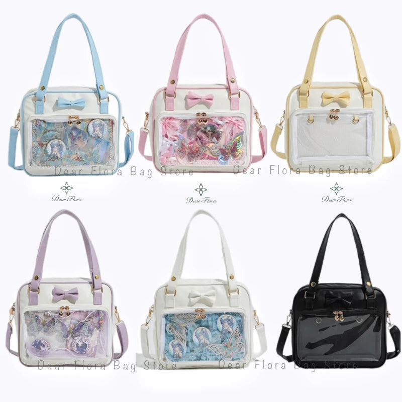 Y2K Cute Bow Ita Bag Girl Transparent Messenger Bag Women Fashion Shoulder Crossbody Bag Ladys DIY Badge Tote Bag Lolita Handbag.