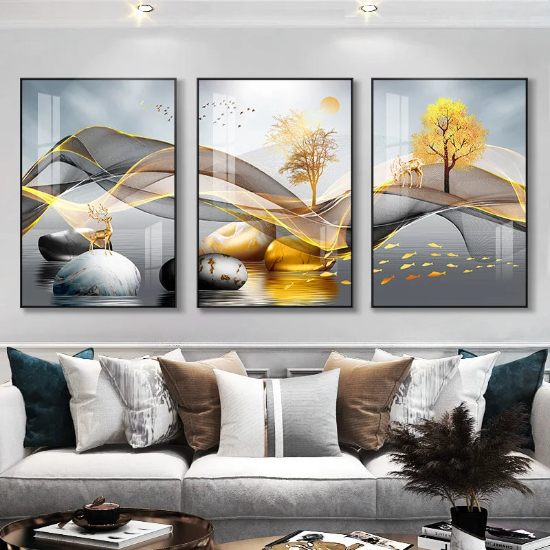 3 Pieces Nordic Luxury Ribbon Abstract Landscape Wall Art Canvas Paintings Modern Gold Deer Poster Print Picture for Home Decor.