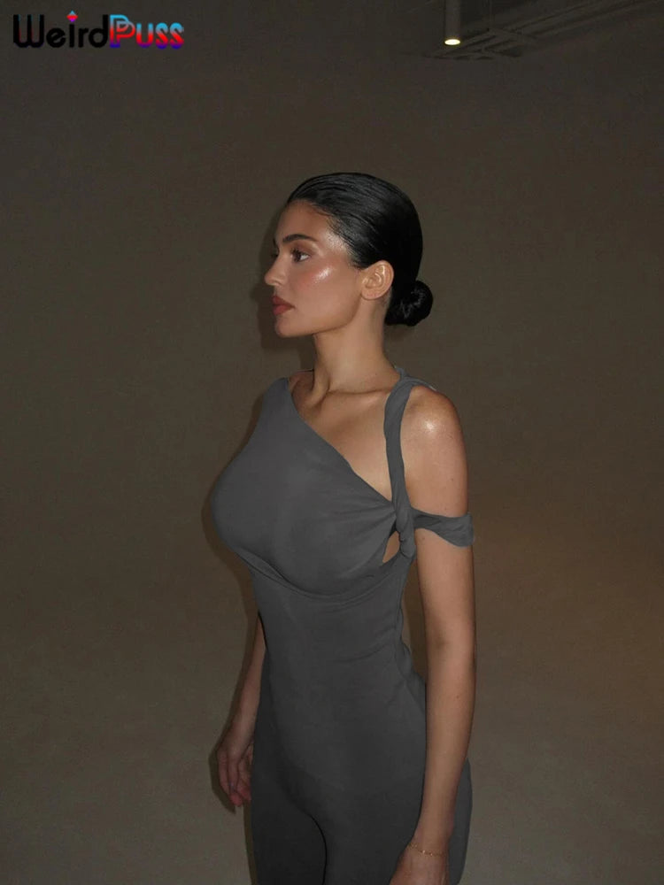 Weird Puss Irregular Knot Women 2 Piece Sets Stretch Casual Short Sleeve Tank Tops+Flare Pants Matching Outfits Slim Streetwear