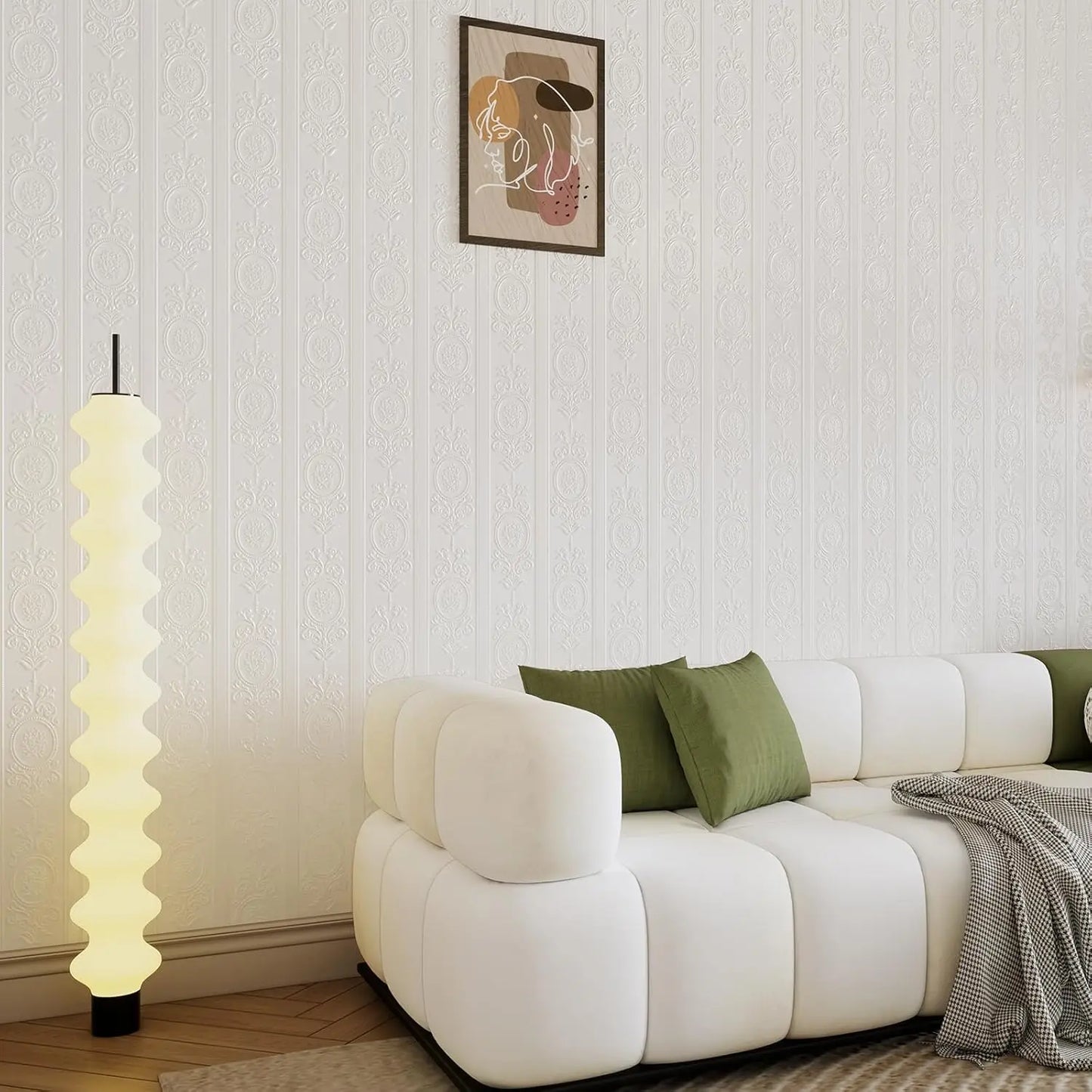 3D-Tapete mit weißer Prägung zum Abziehen und Aufkleben, Damaststruktur, selbstklebende Tapete, modernes, florales, abnehmbares Kontaktpapier