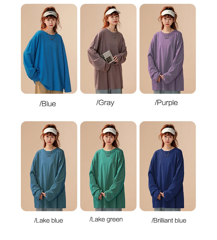 COUTUDI-Oversized T-Shirt for Women, Loose Pullover,Long Sleeve, Casual 100% Cotton Tee Shirt, Lady Tops, Korean Streetwears.