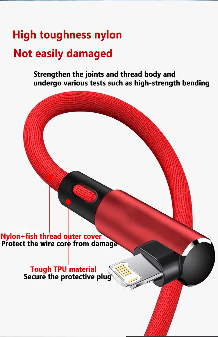 For Gaming Elbow Fast Charger Cable for iPhone 14 8 7 6S Plus 13 12 mini 11 Pro XS Max XR X 90 Degree Braided USB Charging Cable.