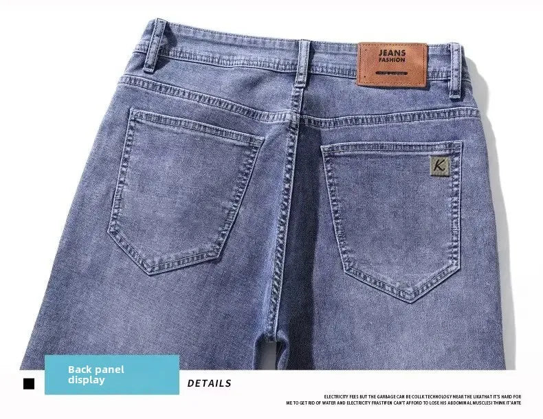 Hong Kong Summer Thin Men's Blue Jeans Slims Smooths Your Silhouette Feet Stretchy Korean Style Light Color Versatile Pants.