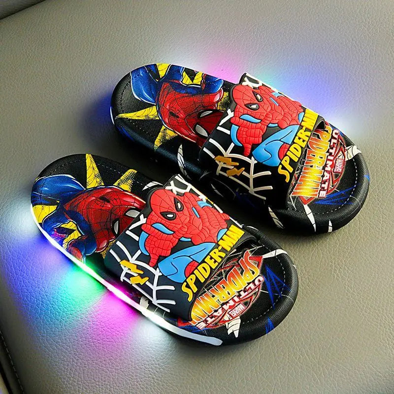 Disney Spider-Man Children's Slippers Non-slip Cartoon Light Soft Soled Slippers For Boys LED Light Luminous Children's Summer S.