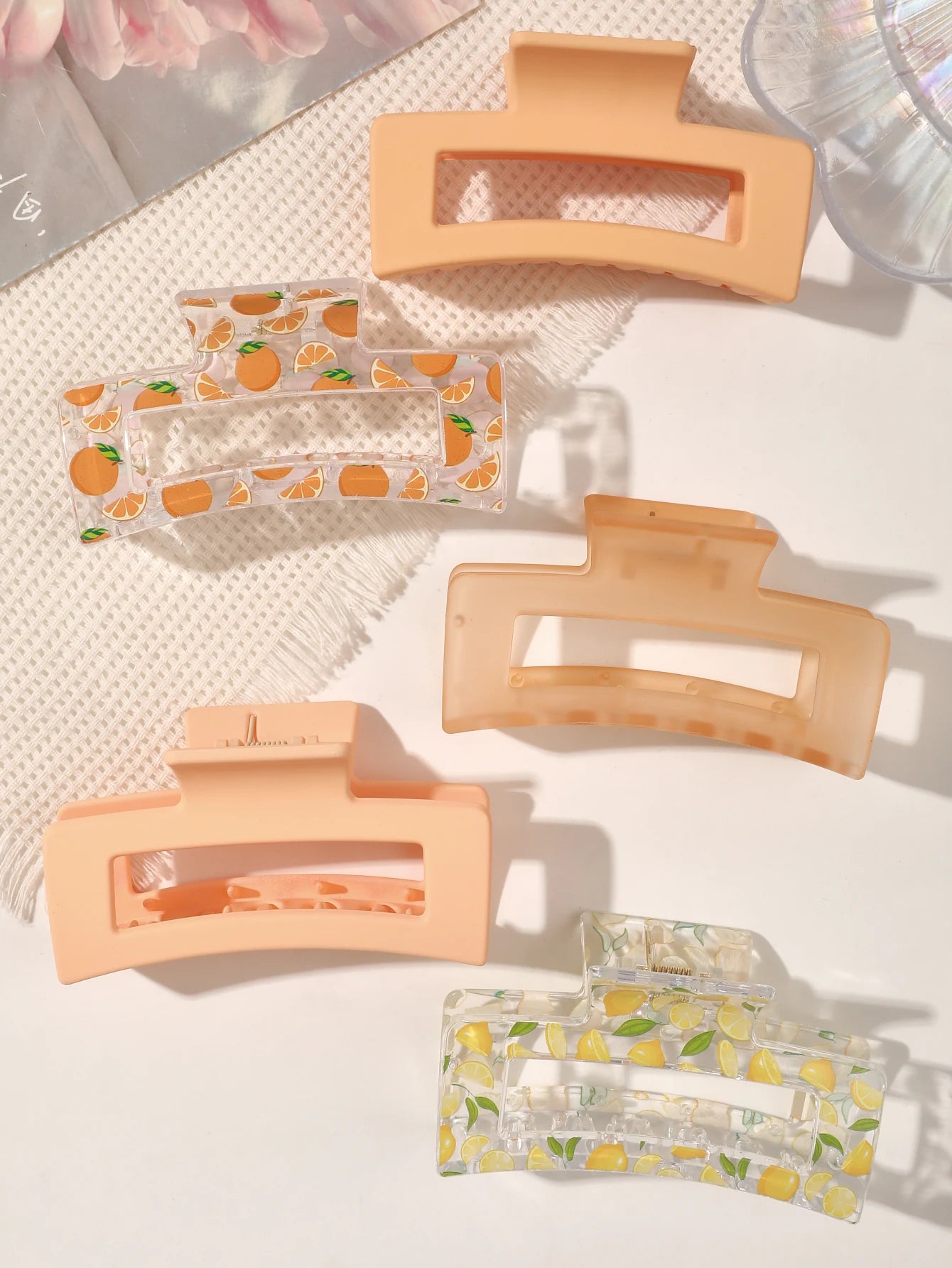 3 Pcs Frosted Cream Color Transparent Fruit Shark Scratch Clip-ins Style Back of Head Premium Wind Plate Women Hair Accessories