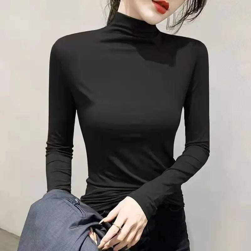 Schwarz Rollkragen T-shirt Langarm Tops Frauen Y2k Kleidung Herbst Winter Koreanische Mode Modale Elegante T-shirts für Frauen 2024