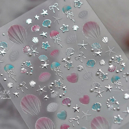 Ocean Theme 5D Nail Sticker Summer Beach Seashells Starfish Conch Scallop Shell Coral Self Adhesive Decoration Manicure Decal