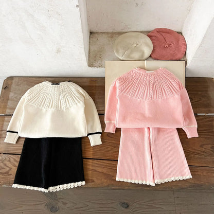 Ins Mädchen Baby reine Baumwolle Lotusblatt Kragen Top Bauch Hosen Pullover Set für Kinder Herbst und Winter Wärme Set.