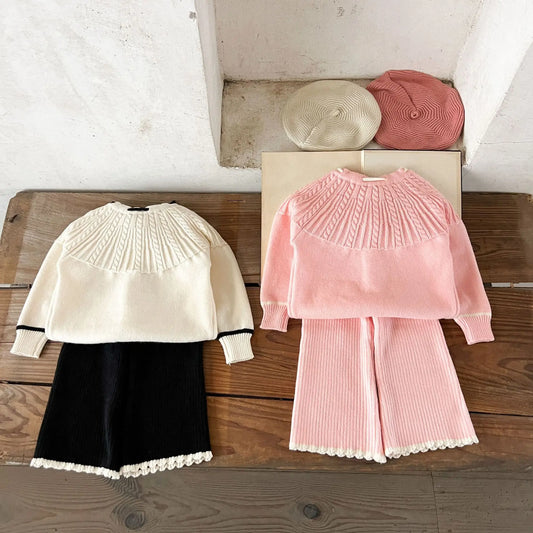 Ins Mädchen Baby reine Baumwolle Lotusblatt Kragen Top Bauch Hosen Pullover Set für Kinder Herbst und Winter Wärme Set.