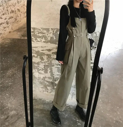 Jumpsuits Women Design Loose Fashion Vintage Students Spring Korean Style Straight Leisure Belt Simple Solid Elegant Tender Cozy.