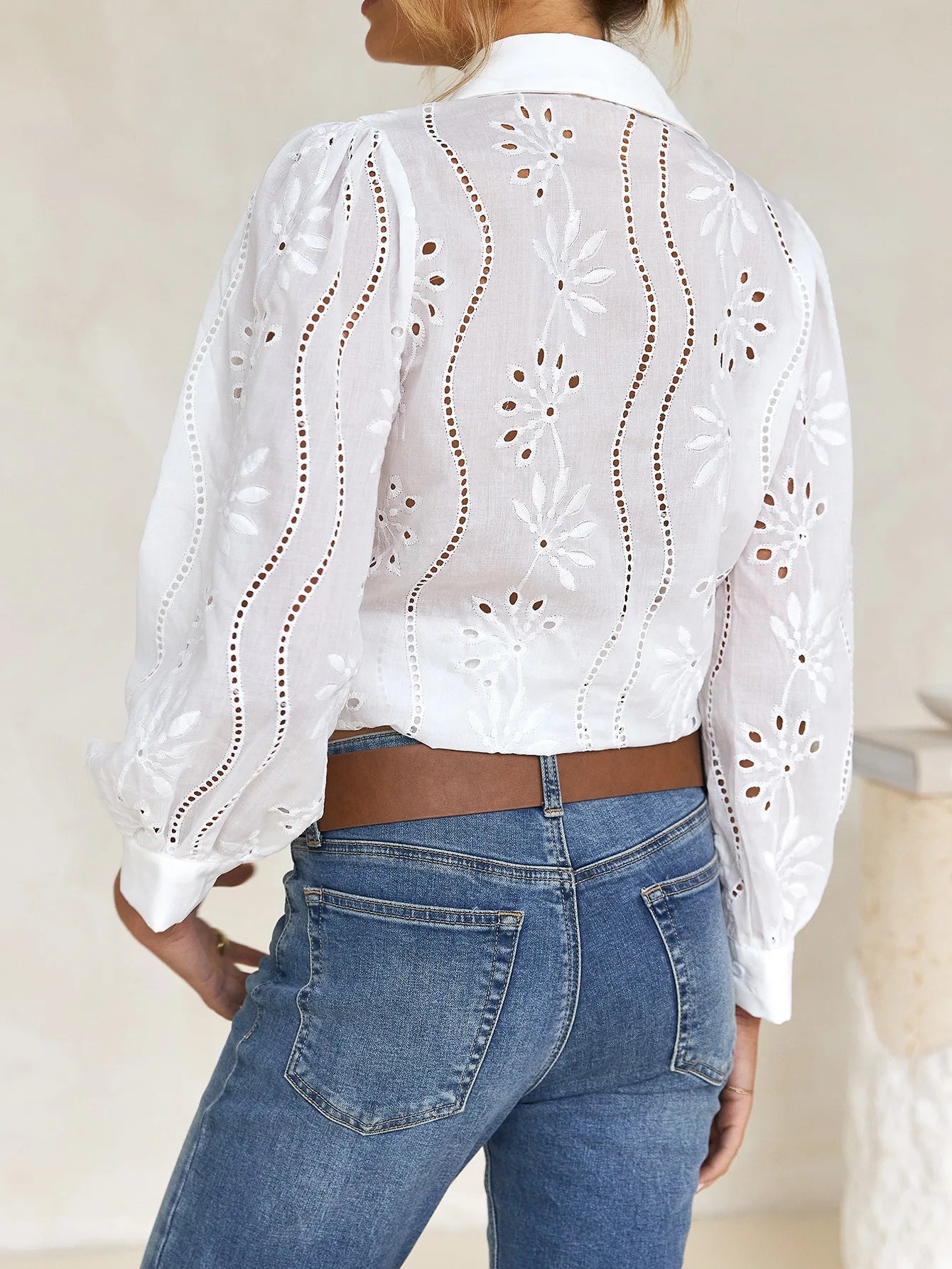 2025 Autumn New Solid Shirt Casual Loose Fashion Hollow Puff Sleeve Cardigan Tops For Women Office Black Hollow out Blouses.