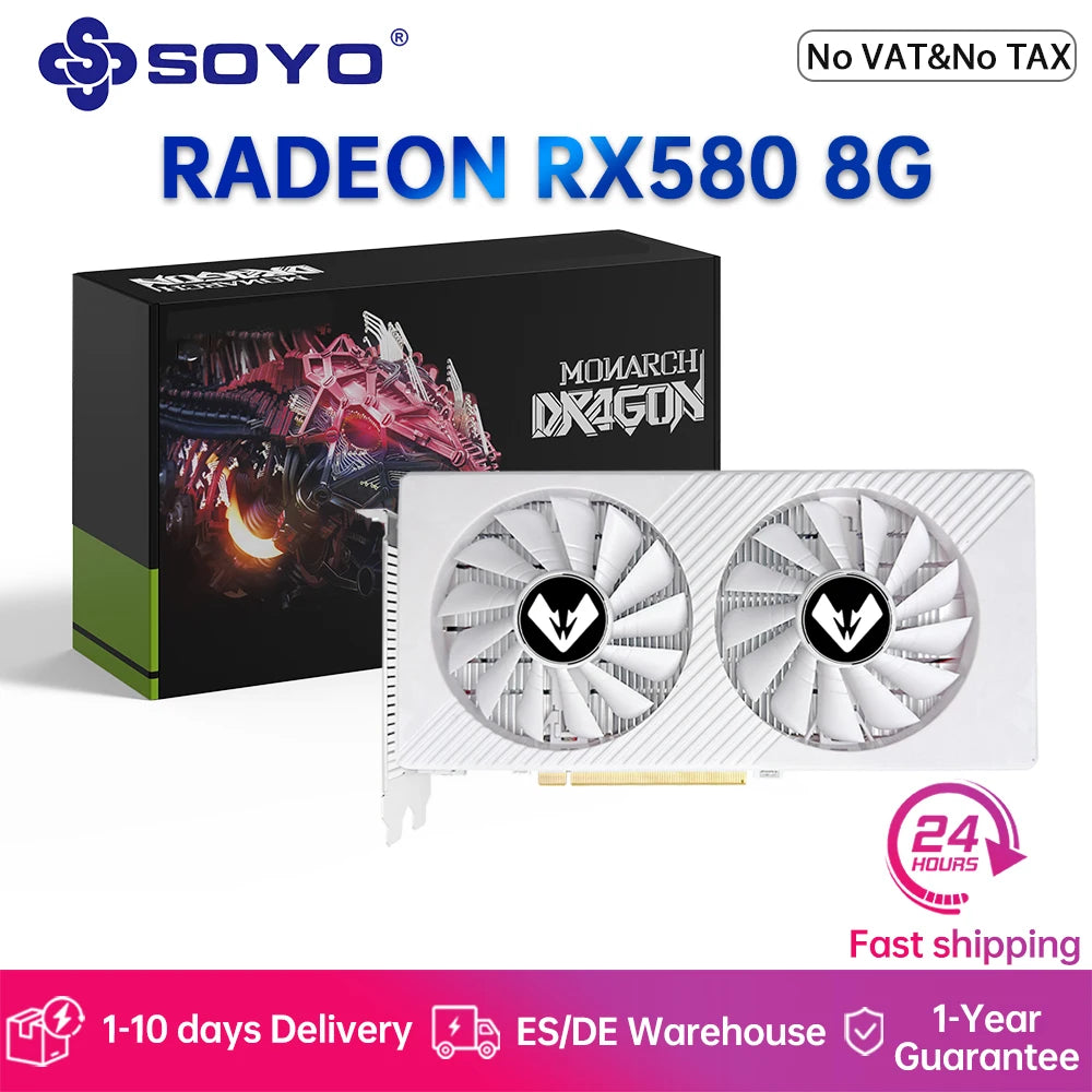 SOYO AMD Radeon RX580 8GB Gaming Graphics Card 2048SP GDDR5 256Bit PCIE 3.0 x16 DP DVI RX580 8GB GPU Desktop Computer Video Card.