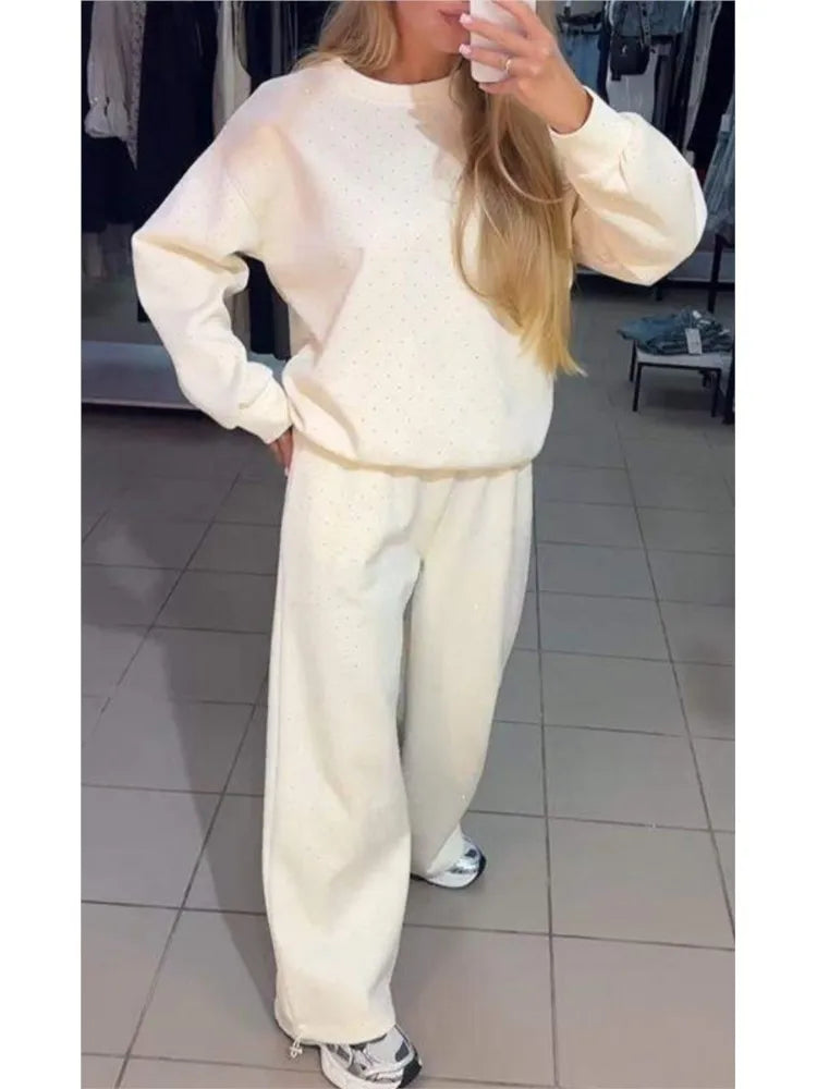 Fall Winter Rhinestone Shiny Loose Fit Set Women O Neck Sweatshirt Pullover Tie-up Pants Tracksuit Retro Loose Sport 2 Pice Set.