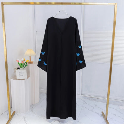 Butterfly Embroidery Open Front Abaya Women Long Sleeve Maxi Length Dress Muslim Abayas Kaftans Women Jilbabs Women's Clothing.
