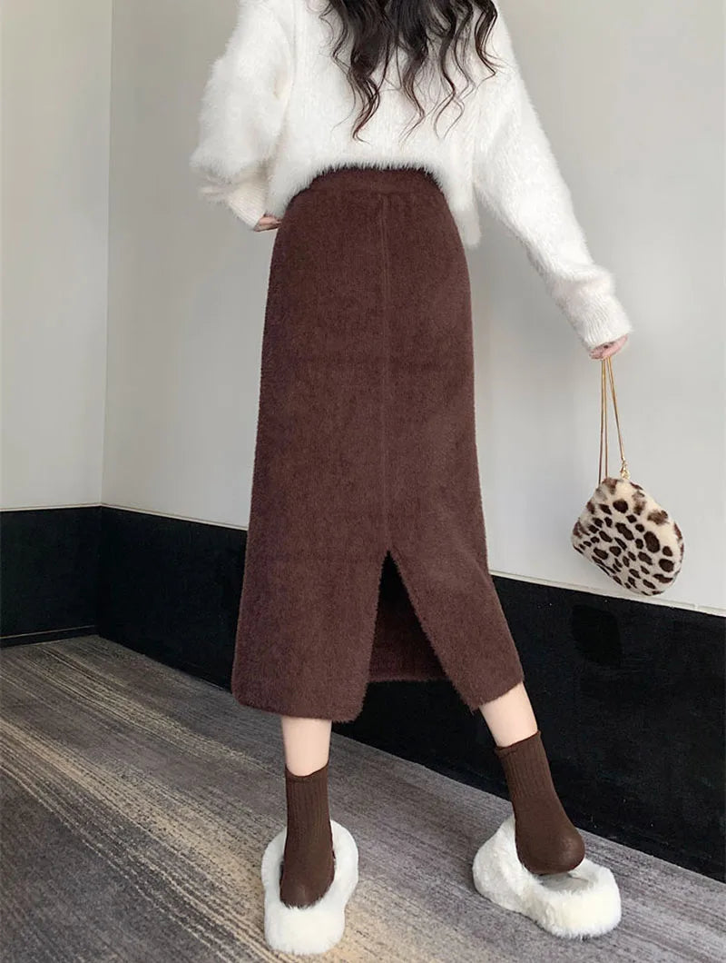 Korean Imitation Mink Plush Knitted Skirts Women Autumn Winter Thick Soft Split Pencil Skirts Elegant High Waist Bodycon Skirt.