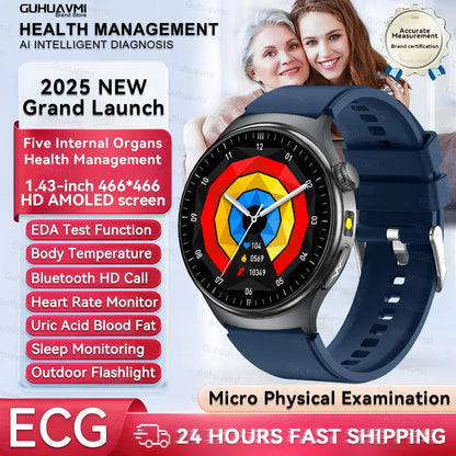 1.43'' HD Sapphire Smart Watch Bluetooth Call Blood Fat Uric Acid Heart Rate Body Analysis Five Organs Health Smartwatch Men Wom