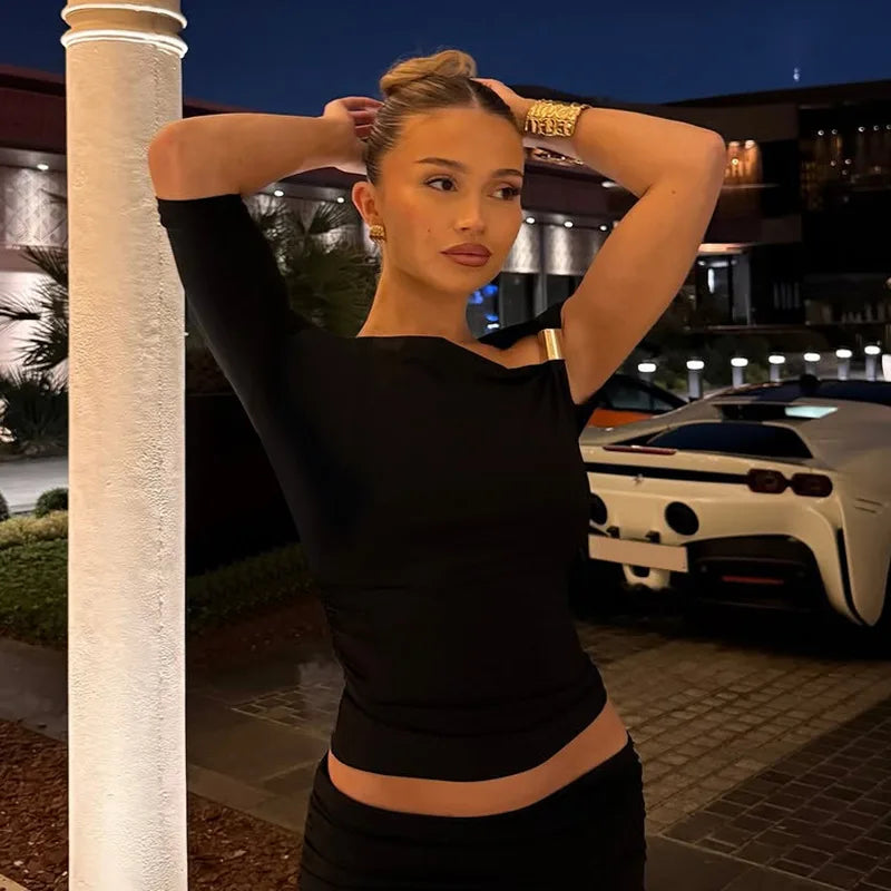 Cryptographic One Shoulder Asymmetrical Tops Summer Fashion Outfits Embellished Sexy Backless Solid Cropped Top Streetwear.