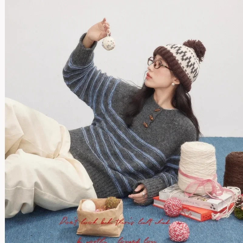 Striped Pullover Sweater Women Knitted Shirts Autumn Winter Female Fashion O-neck Knitwear Long Sleeve Casual Sweaters Knit Tops.