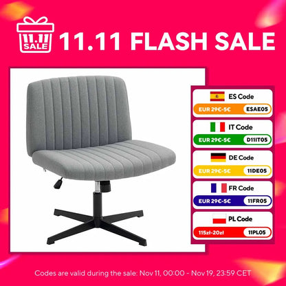 Armloser Bürostuhl, neigbarer Schreibtischstuhl mit gekreuzten Beinen, breitem Sitz und höhenverstellbar, Grau