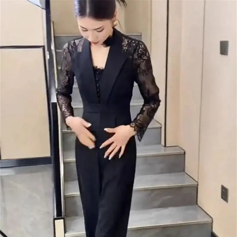 BESTBAFU Sexy Lace Patchwork Sheer Jumpsuit Women  Spring Elegant Office Formal Outfit Black High Waist Wide Leg Romper 126P.