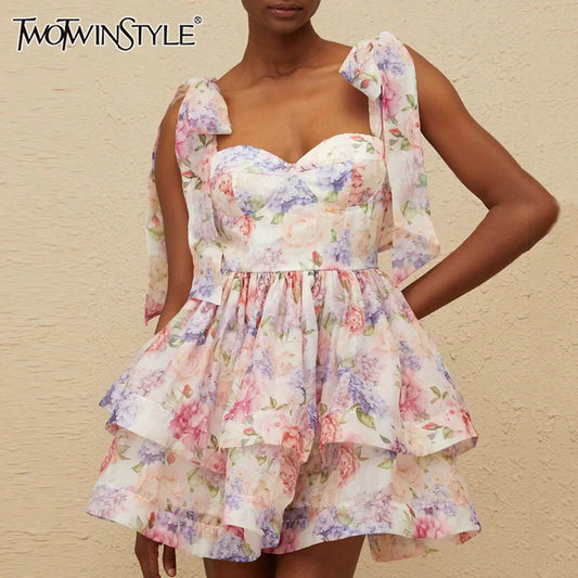 TWOTWINSTYLE Abnehmen Druck Verstärktes Spitze Up Elegante Kleider für Frauen Square Neck Ärmellose Patchwork Rüschen Kleid Weibliche