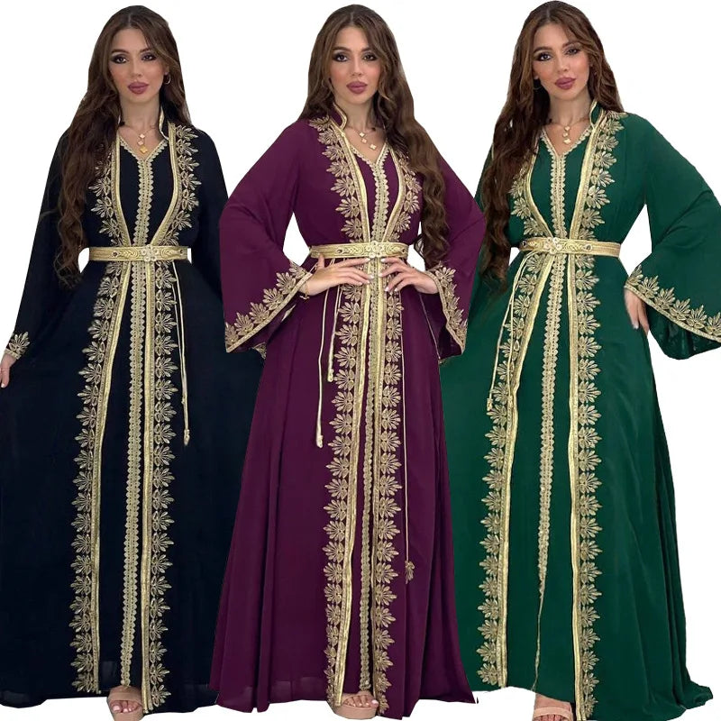 Eid Muslim Women Party Dresses Jalabiya 2 Piece Set Embroidery Arab Long Robe Ramadan Morocco Dubai Abayas Islam Vestidos Kaftan.