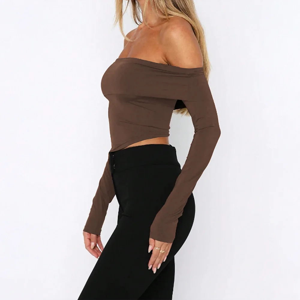 Hot-selling women's T-shirt with a unique and trendy style, a one-shoulder off-the-shoulder short, long-sleeved, solid-color top.