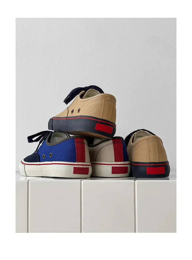 Boys' Casual Canvas Skateboard Shoes with Patchwork Low Cut Shoes Men's Minimalist Fashion Sneakers Trendy Lace Up Flat Bottom