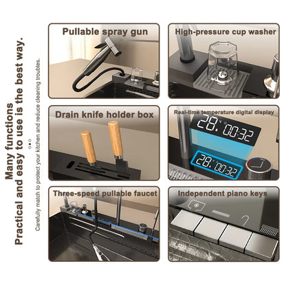 Stainless Steel Waterfall Kitchen Sink New Embossed Extra Large Single Slot Modern Digital Display Dishwashing Basin