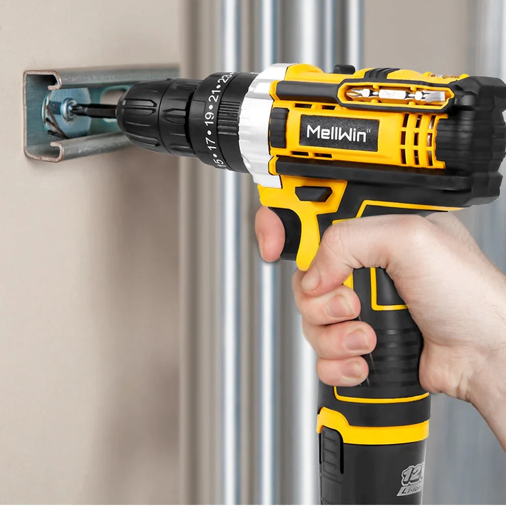 MELLWIN 25 + 3 Drehmoment elektrische Bohrmaschine 12 V Akku-Bohrschrauber Elektroschrauber 2 Gang Geschwindigkeit einstellbar Mini-Elektro-Treiber-Werkzeugsatz