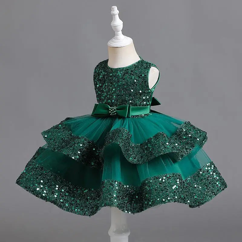 Sommer Neue Perlen Fliege Pailletten Mesh Kinder Ärmelloses Abendkleid Schule Abschlussfeier Multi Layered Kleid