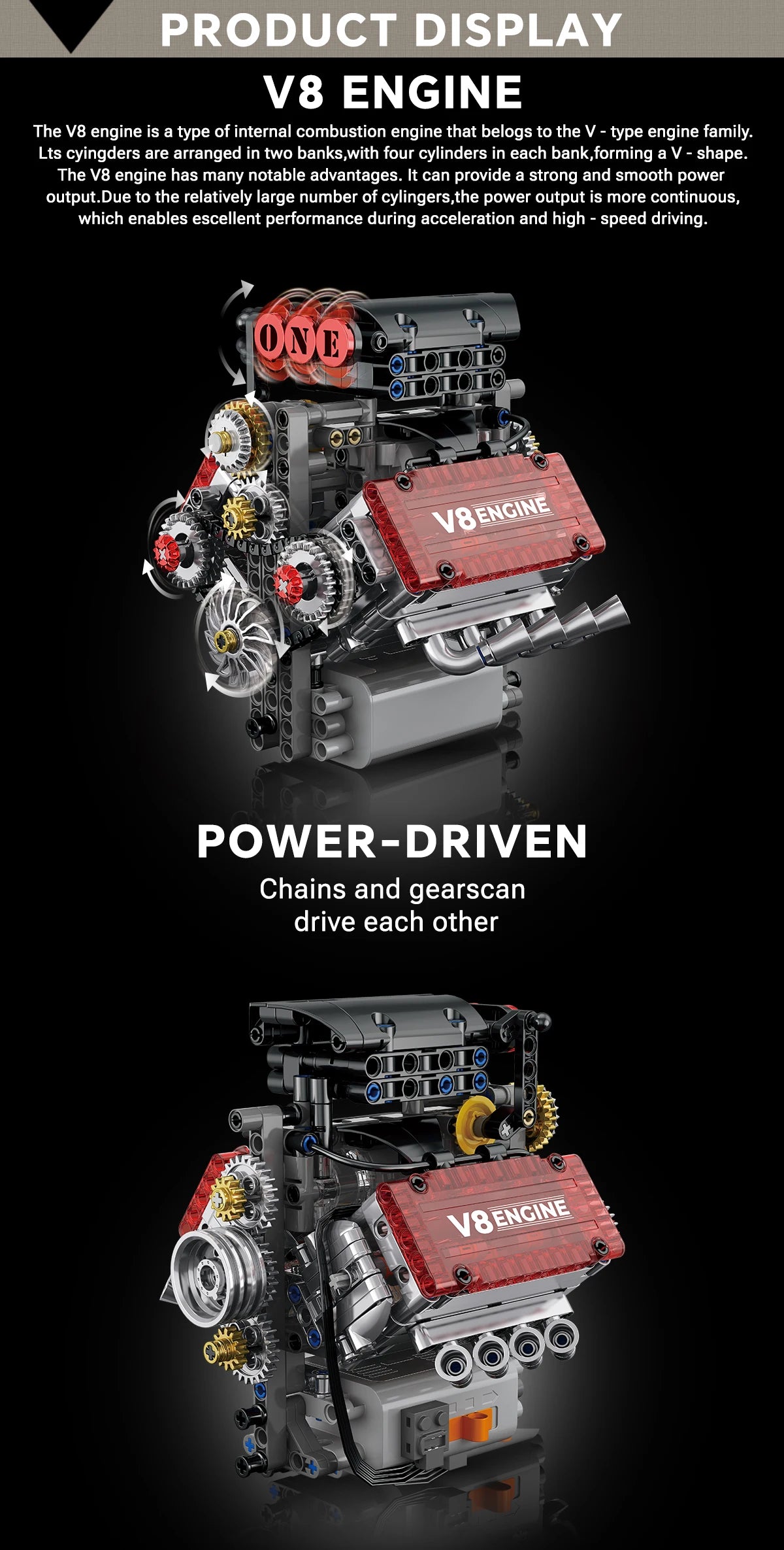 Brick V8 Engine Motorized Simulation Model Electrically Drive Building Blocks Technical Car Parts Creative Toys Gifts Boys Adult.