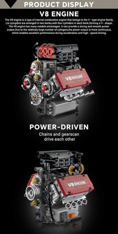 Brick V8 Engine Motorized Simulation Model Electrically Drive Building Blocks Technical Car Parts Creative Toys Gifts Boys Adult.