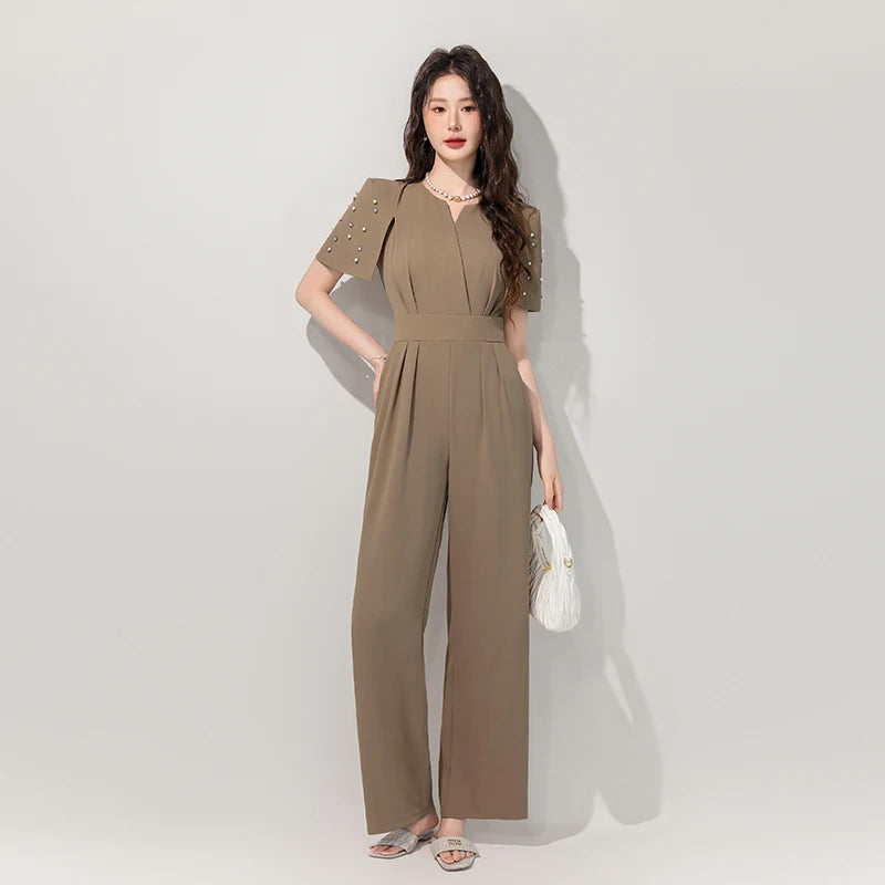 Women's Luxury Diamond-Studded Jumpsuit – Slim Fit Wide Leg Palazzo Pants, Autumn Short Sleeve Romper with High Waist.